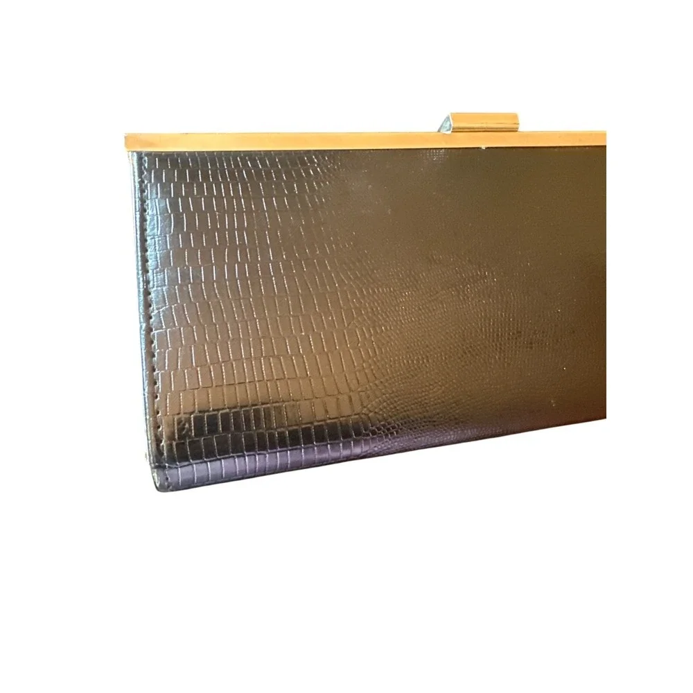 Style &‎ Co. Faux Crocodile Black Clutch Wallet With Gold Trim Prom Formal Dance